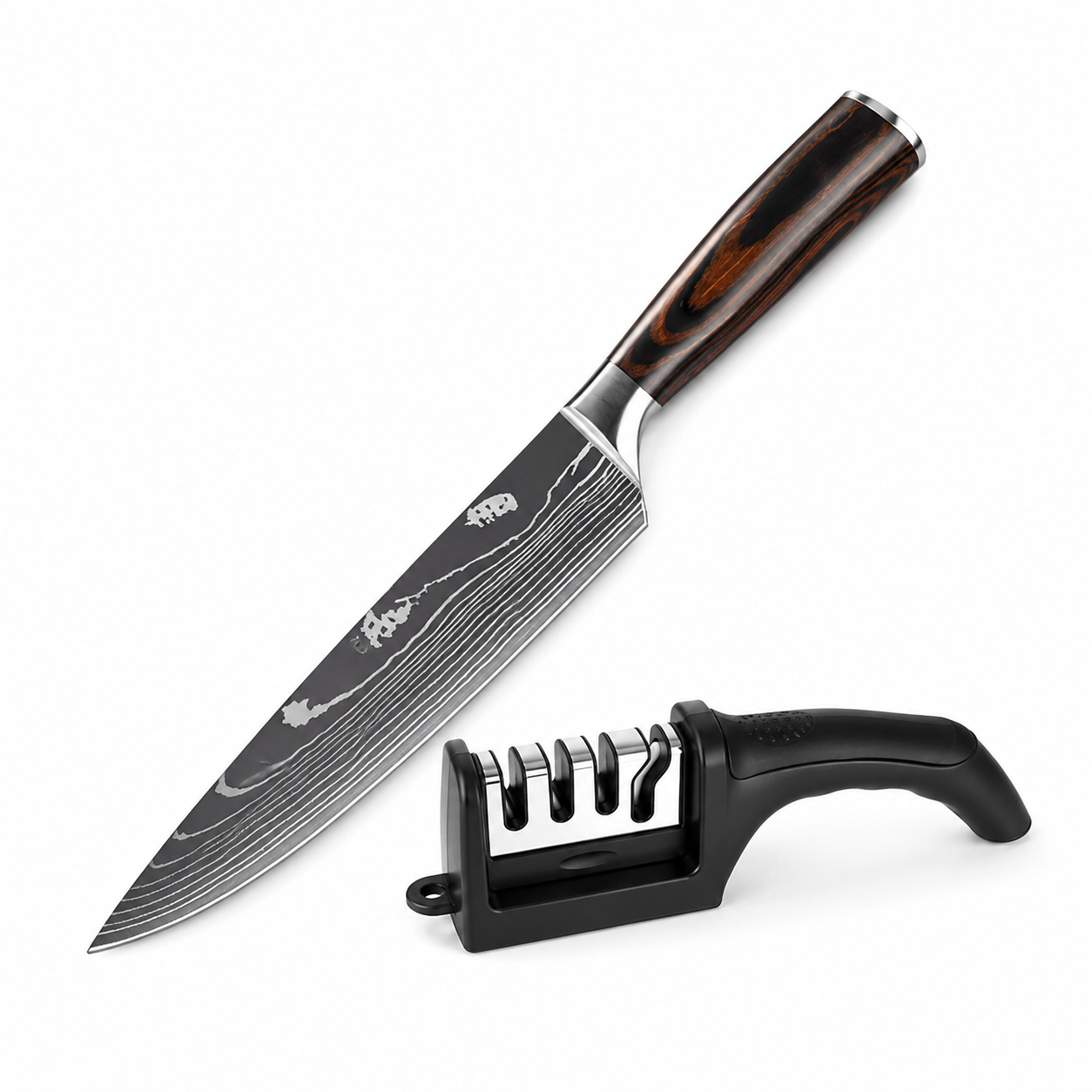 Cuchillo de Chef Damasco 20cm para Asado y Cocina — Mango de Madera
