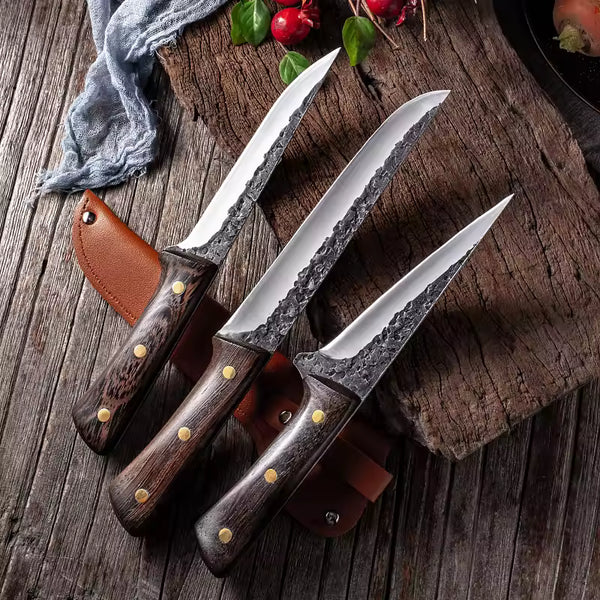 Kit de 3 cuchillos forjados a mano para asado con fundas de cuero Don Asado