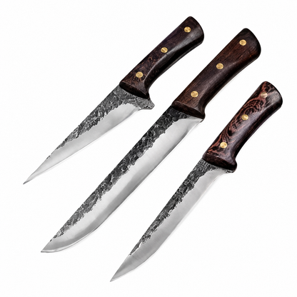 Kit de 3 Cuchillos Forjados a Mano para Asado y Deshuesar + Fundas de Cuero