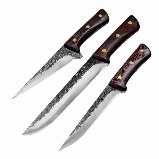 Kit de 3 Cuchillos Forjados a Mano para Asado y Deshuesar + Fundas de Cuero